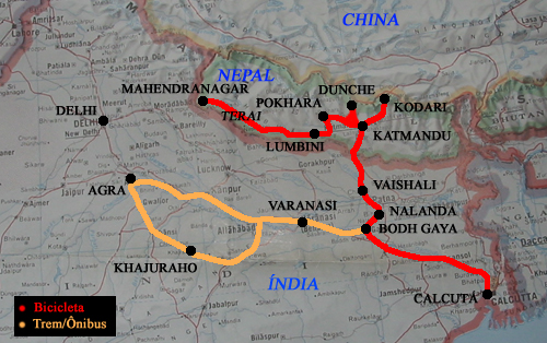 Mapa da rota Índia-Nepal